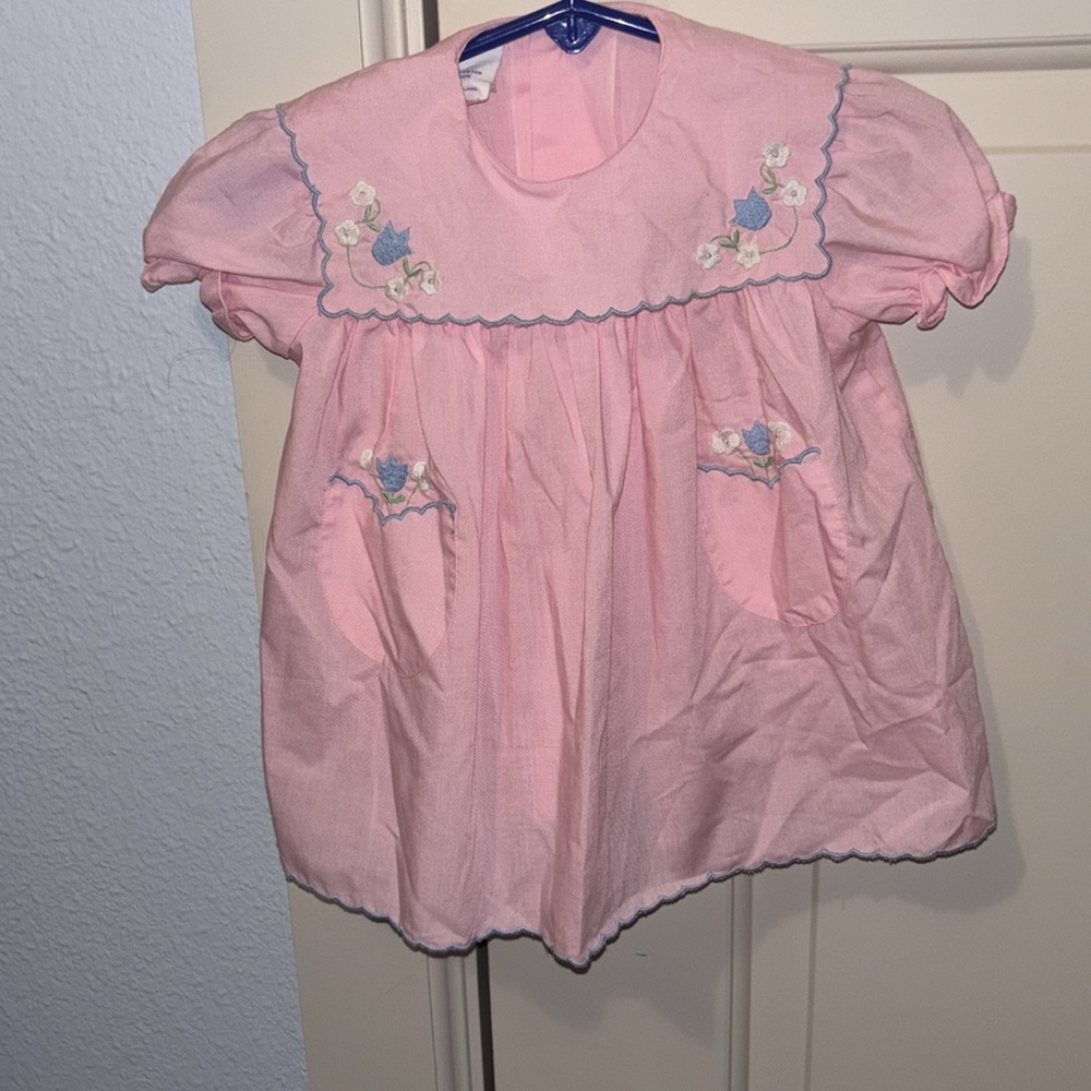 Vintage Pink Baby Dress Embroidered tulips scalloped edges 12 months